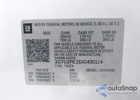 2018 GMC Sierra 1500 Denali z USA, uszkodzony, nr VIN 3GTU2PEJ3JG435114